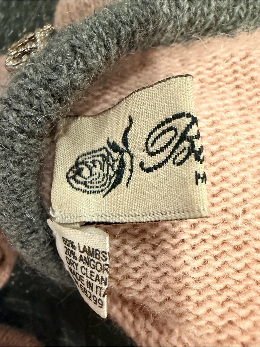 Blumarine Pink Wool Angora Knit Gloves Rosette Rhinestone Logo Italy
